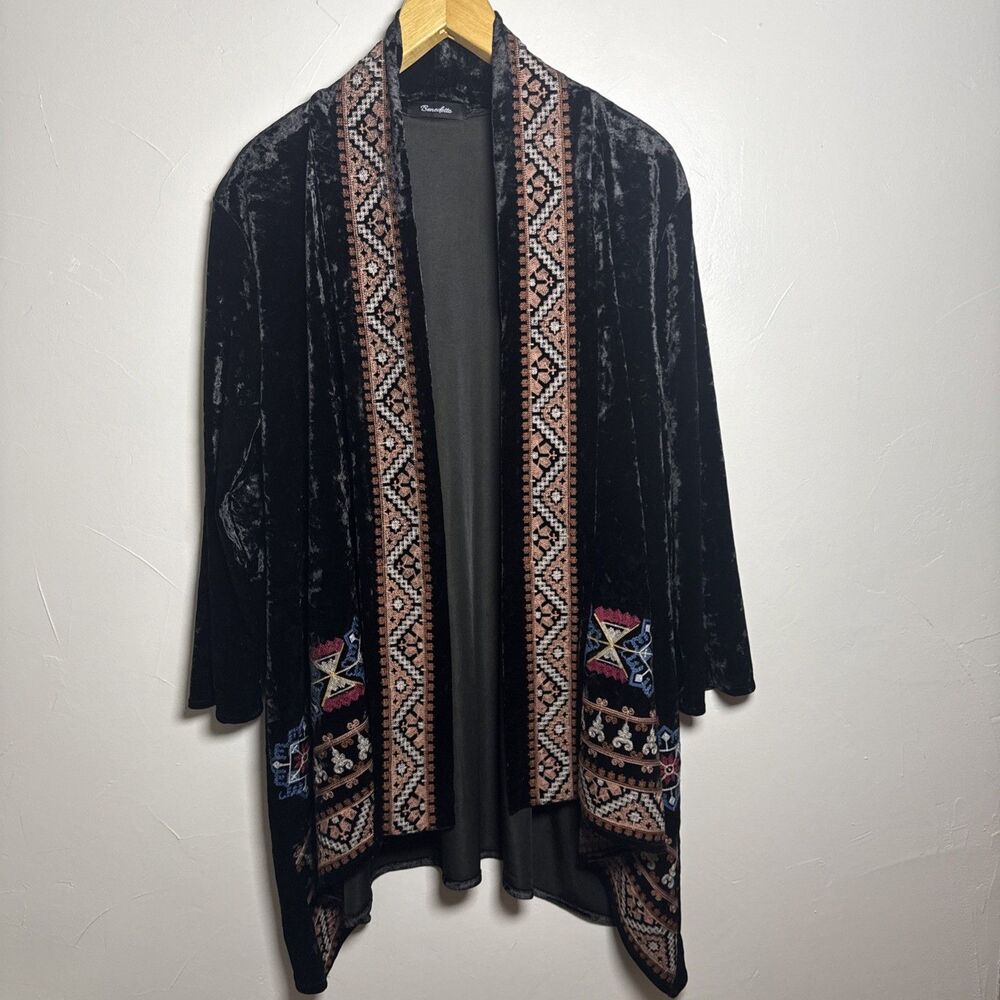 Benedetto Black Kimono Floral Embroidery Southwest Cardigan Jacket Size Large